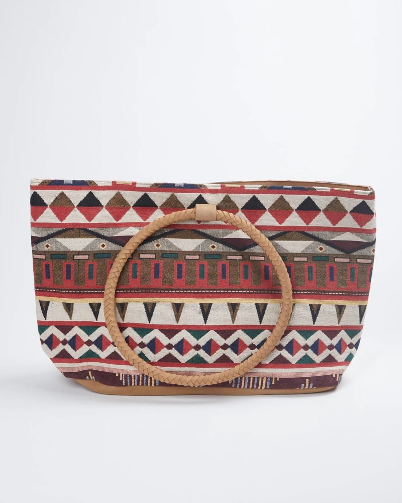 Front of a size O/S Tulum Handloom Leather Tote in Red in Red by ETHNiQUE. | dia_product_style_image_id:330715
